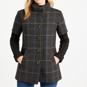 Idra Plaid Wool Blend Coat Jacket With Sweater Sleeves Size 8 Button Front